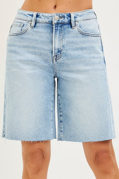Lilly High Rise Raw Hem Denim Bermuda Shorts Light Wash