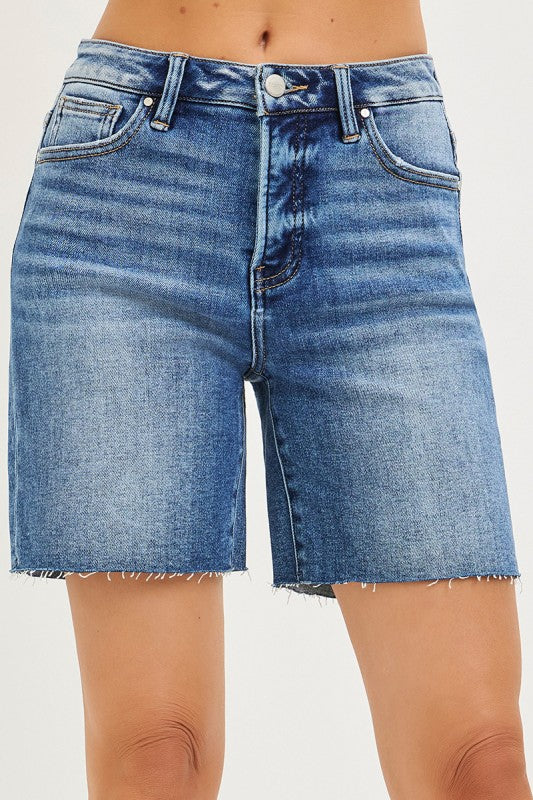 Kennedy High Rise Raw Hem Denim Shorts Medium Wash
