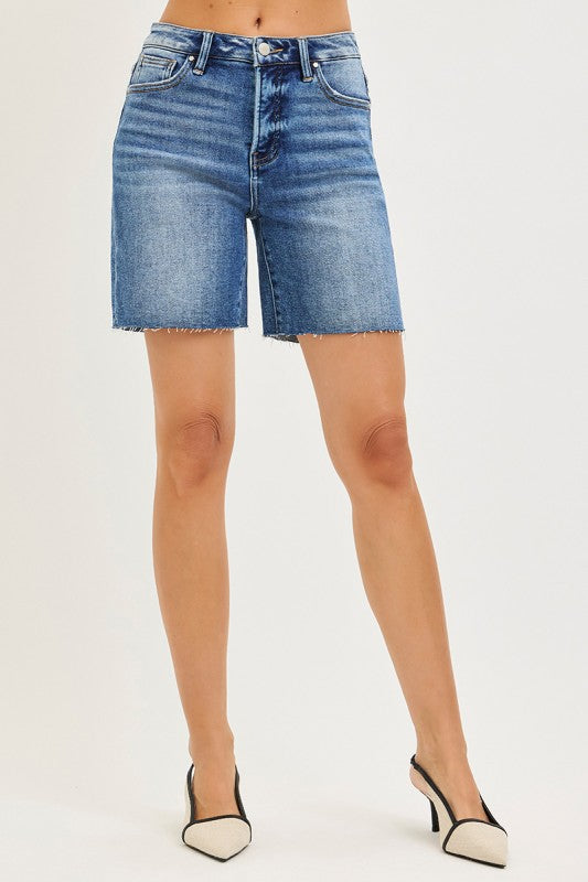 Kennedy High Rise Raw Hem Denim Shorts Medium Wash