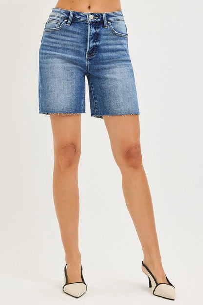 Kennedy High Rise Raw Hem Denim Shorts Medium Wash