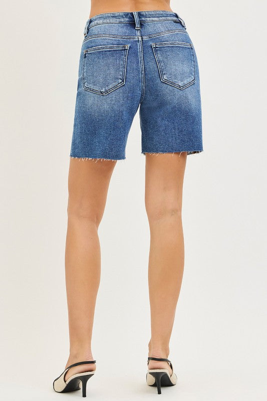 Kennedy High Rise Raw Hem Denim Shorts Medium Wash