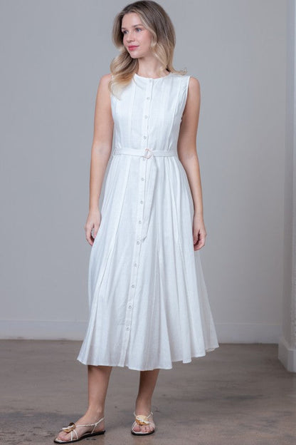 Samantha Sleeveless Button Down Belted Linen Midi Dress White