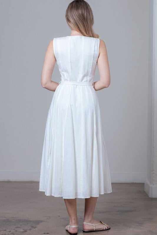 Samantha Sleeveless Button Down Belted Linen Midi Dress White