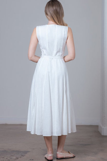 Samantha Sleeveless Button Down Belted Linen Midi Dress White