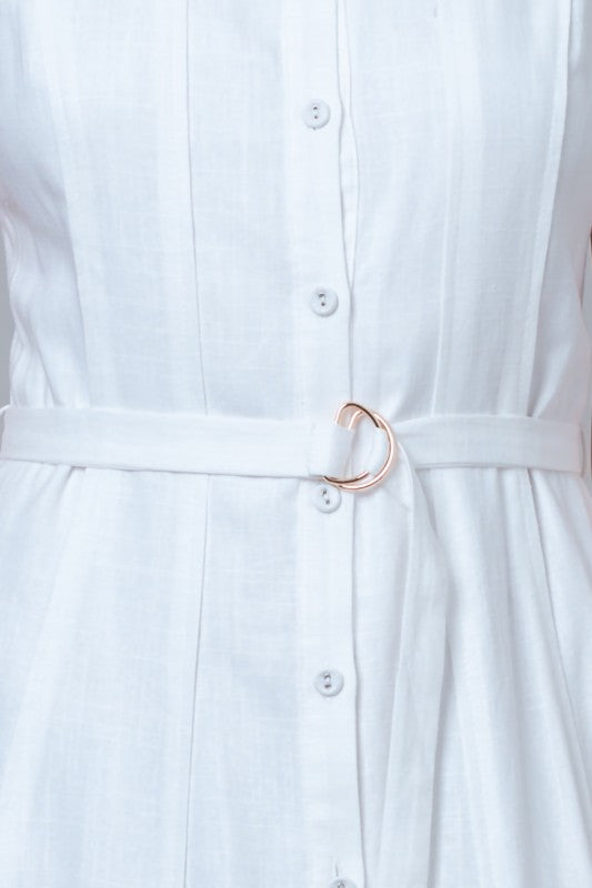 Samantha Sleeveless Button Down Belted Linen Midi Dress White
