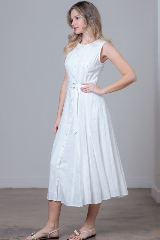 Samantha Sleeveless Button Down Belted Linen Midi Dress White