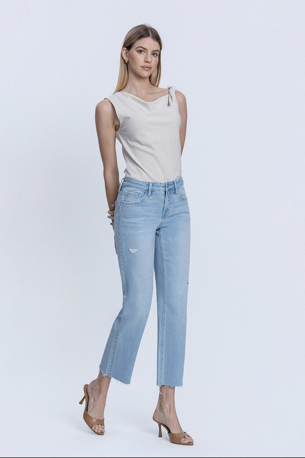Millie Mid Rise Raw Hem Wide Leg Jeans Light Wash