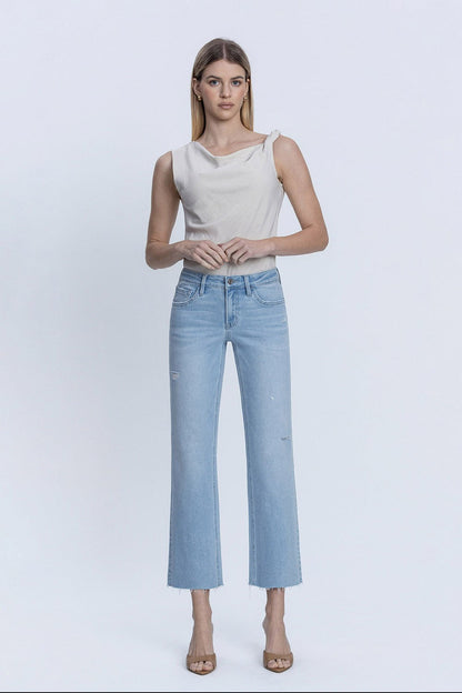 Millie Mid Rise Raw Hem Wide Leg Jeans Light Wash