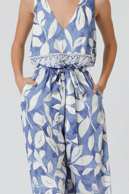 Arlene Sleeveless Waist Tie Tropical Print Wide Leg Jumpsuit Blue