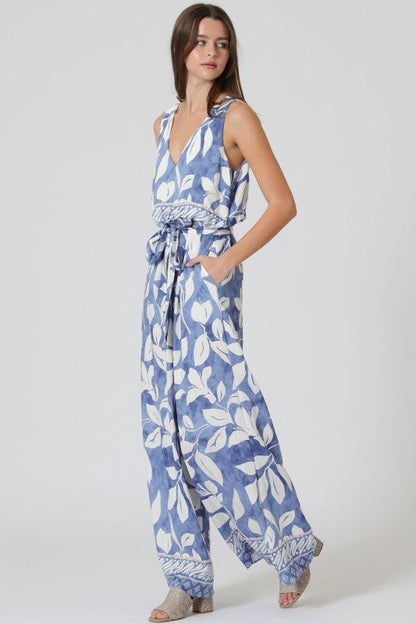 Arlene Sleeveless Waist Tie Tropical Print Wide Leg Jumpsuit Blue