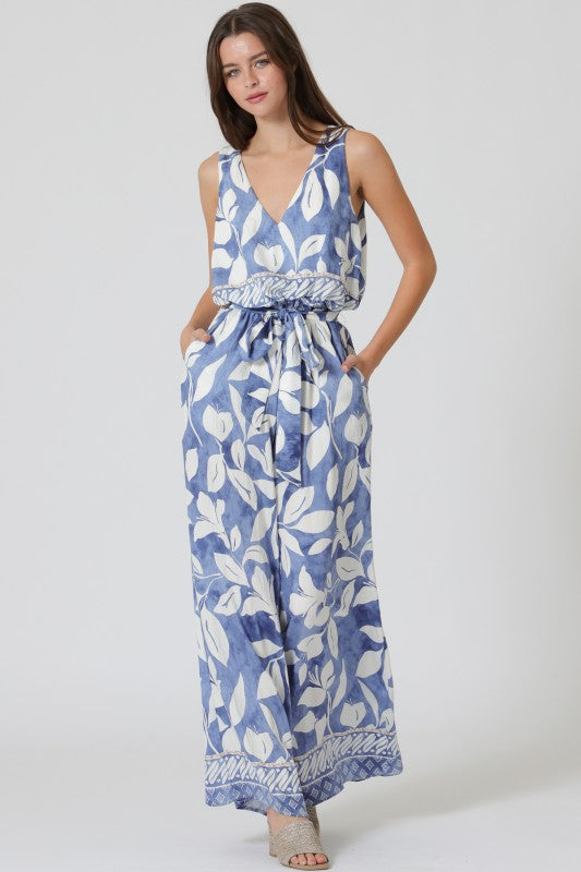 Arlene Sleeveless Waist Tie Tropical Print Wide Leg Jumpsuit Blue