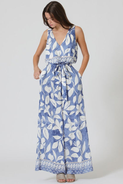 Arlene Sleeveless Waist Tie Tropical Print Wide Leg Jumpsuit Blue