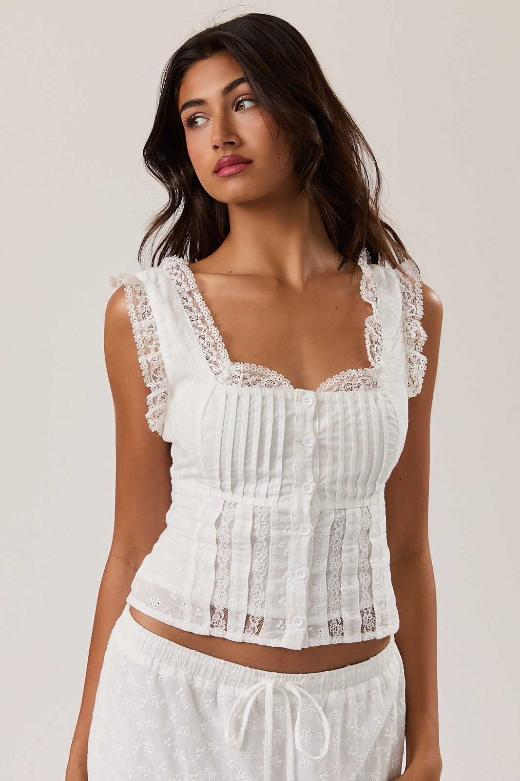 Waitlist 7/5 • Tinsley Sleeveless Button Down Elegant Lace Top White