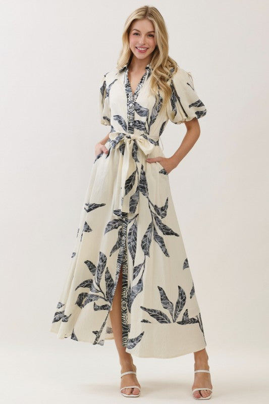 Emmeline Short Bubble Sleeve Waist Tie Abstract Print Maxi Dress Navy