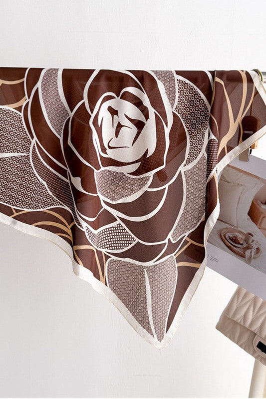 Phoenix Floral Print Square Pretty Neck Wrap Scarf Brown White