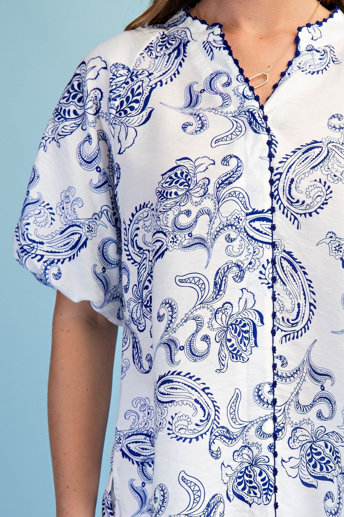 Shirley Short Bubble Sleeve Button Down Paisley Print Top Blue