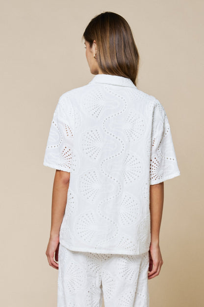 Walker Short Sleeve Button Down Embroidered Eyelet Top White