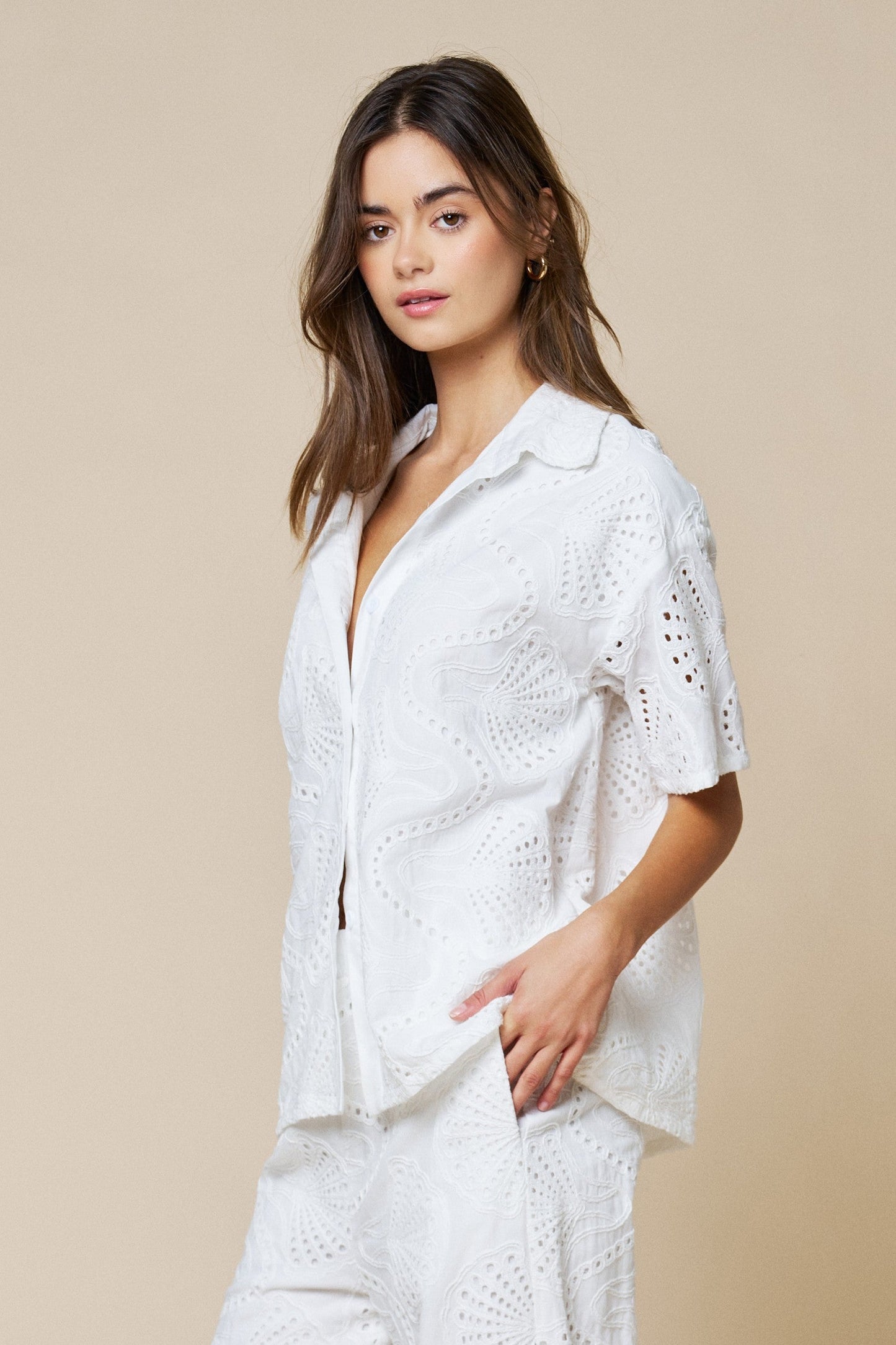 Walker Short Sleeve Button Down Embroidered Eyelet Top White