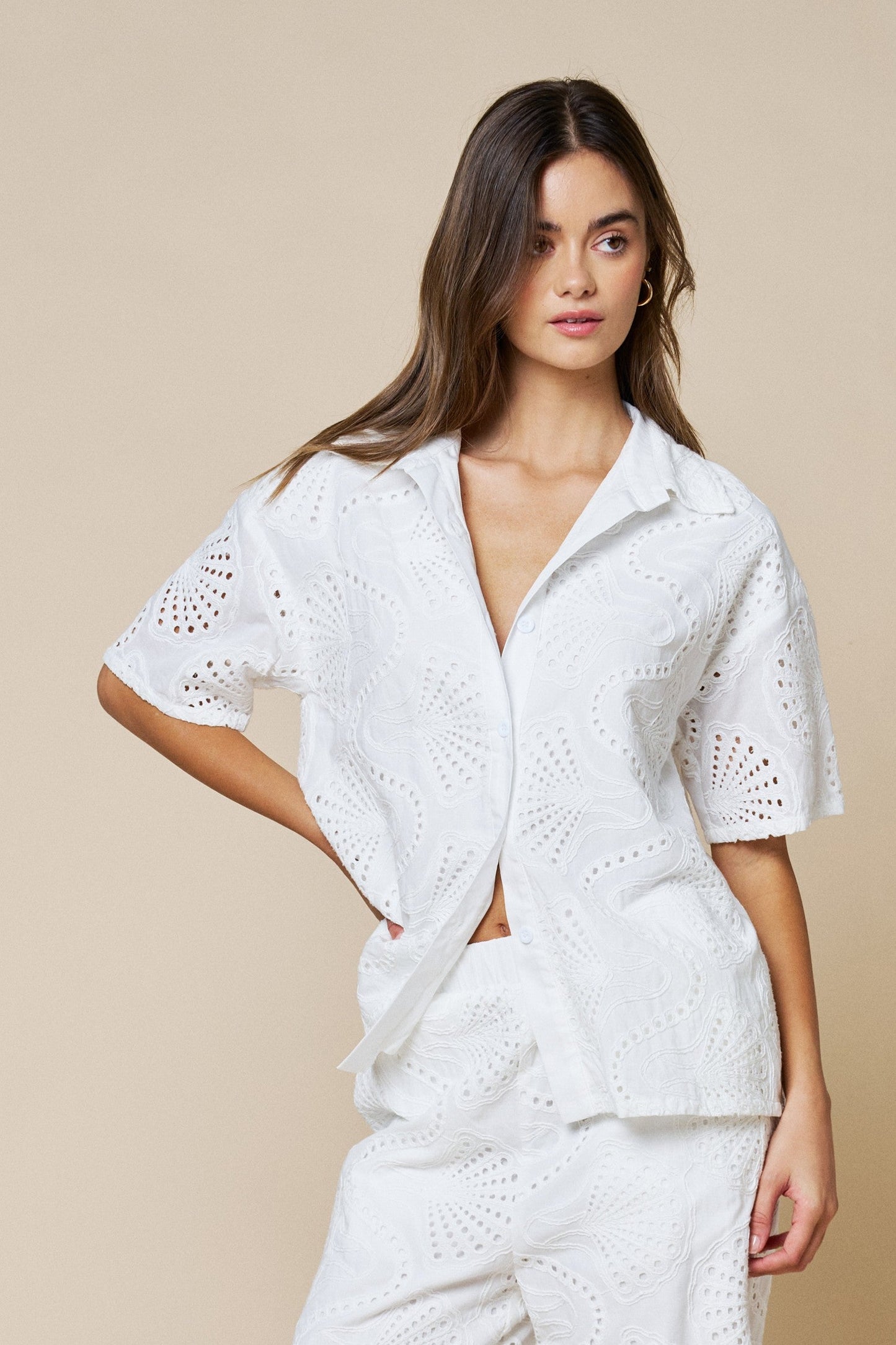 Walker Short Sleeve Button Down Embroidered Eyelet Top White