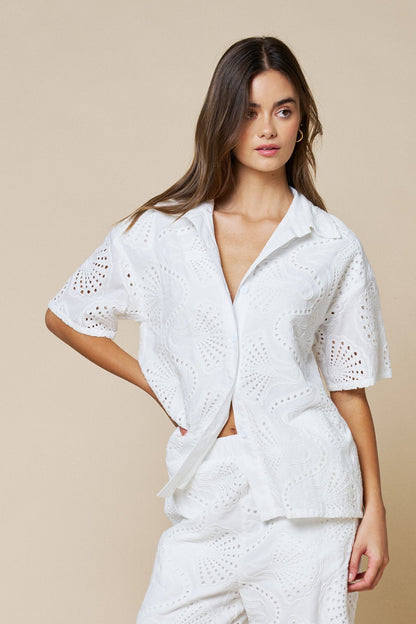 Walker Short Sleeve Button Down Embroidered Eyelet Top White