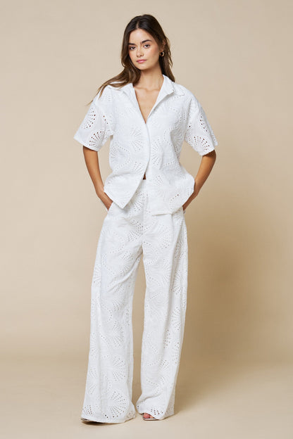 Walker Short Sleeve Button Down Embroidered Eyelet Top White