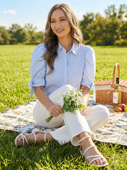 Olive Short Puff Sleeve Button Down Stripe Print Top Blue