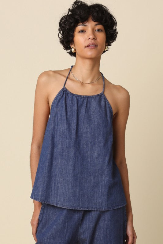 Brinley Sleeveless Halter Back Tie Denim Top Blue