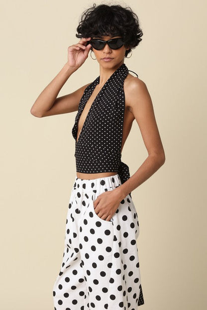 Aster Sleeveless Halter Open Back Polka Dot Print Top Black