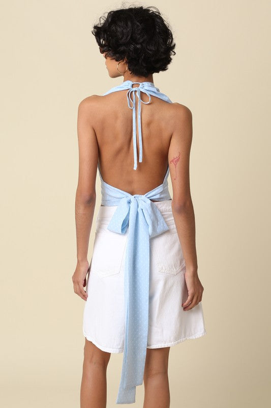 Aster Sleeveless Halter Open Back Polka Dot Print Top Blue
