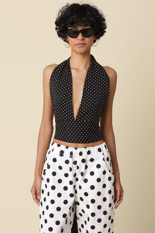 Aster Sleeveless Halter Open Back Polka Dot Print Top Black