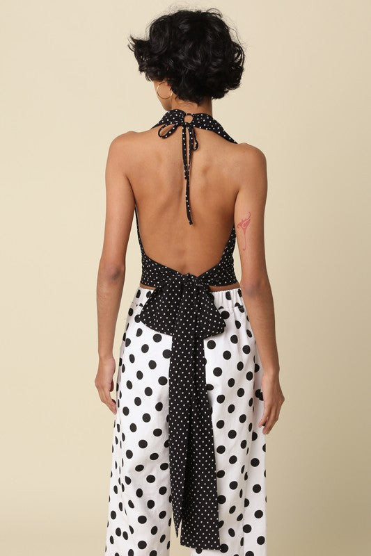 Aster Sleeveless Halter Open Back Polka Dot Print Top Black