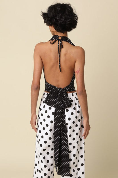 Aster Sleeveless Halter Open Back Polka Dot Print Top Black