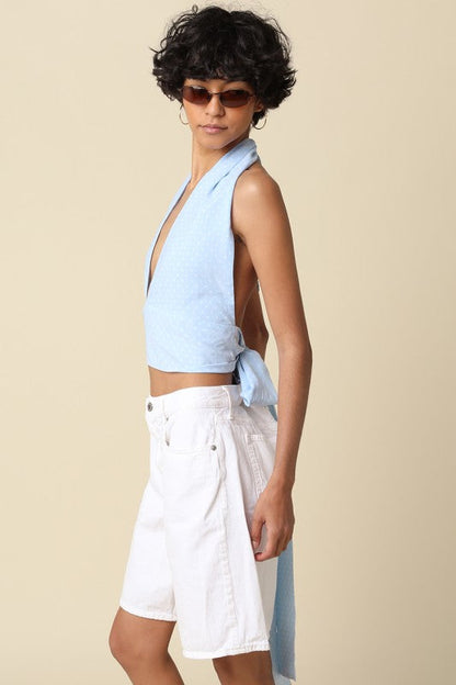 Aster Sleeveless Halter Open Back Polka Dot Print Top Blue