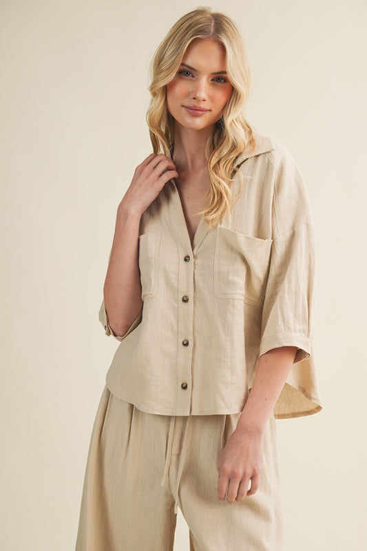 Mavi Short Sleeve Button Down Top Natural