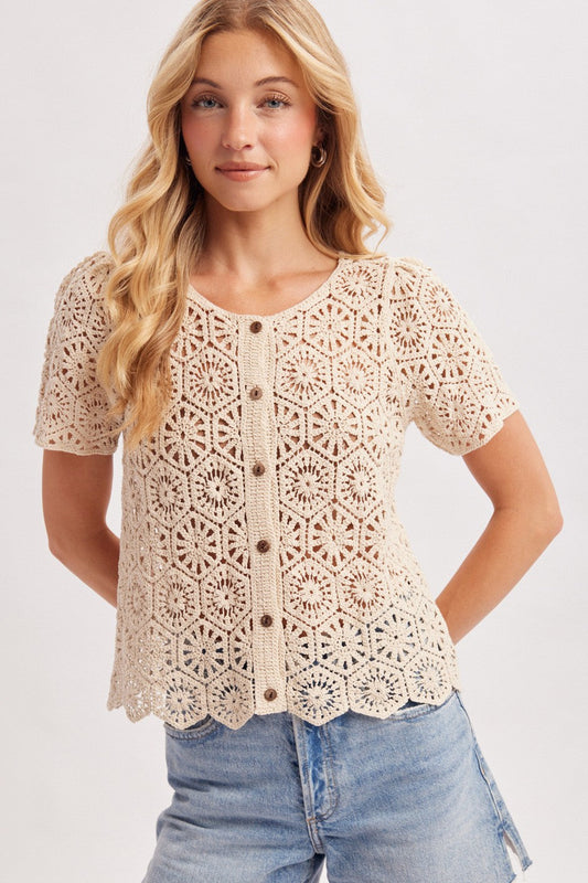 Dionne Short Sleeve Button Down Floral Crochet Knit Top Natural