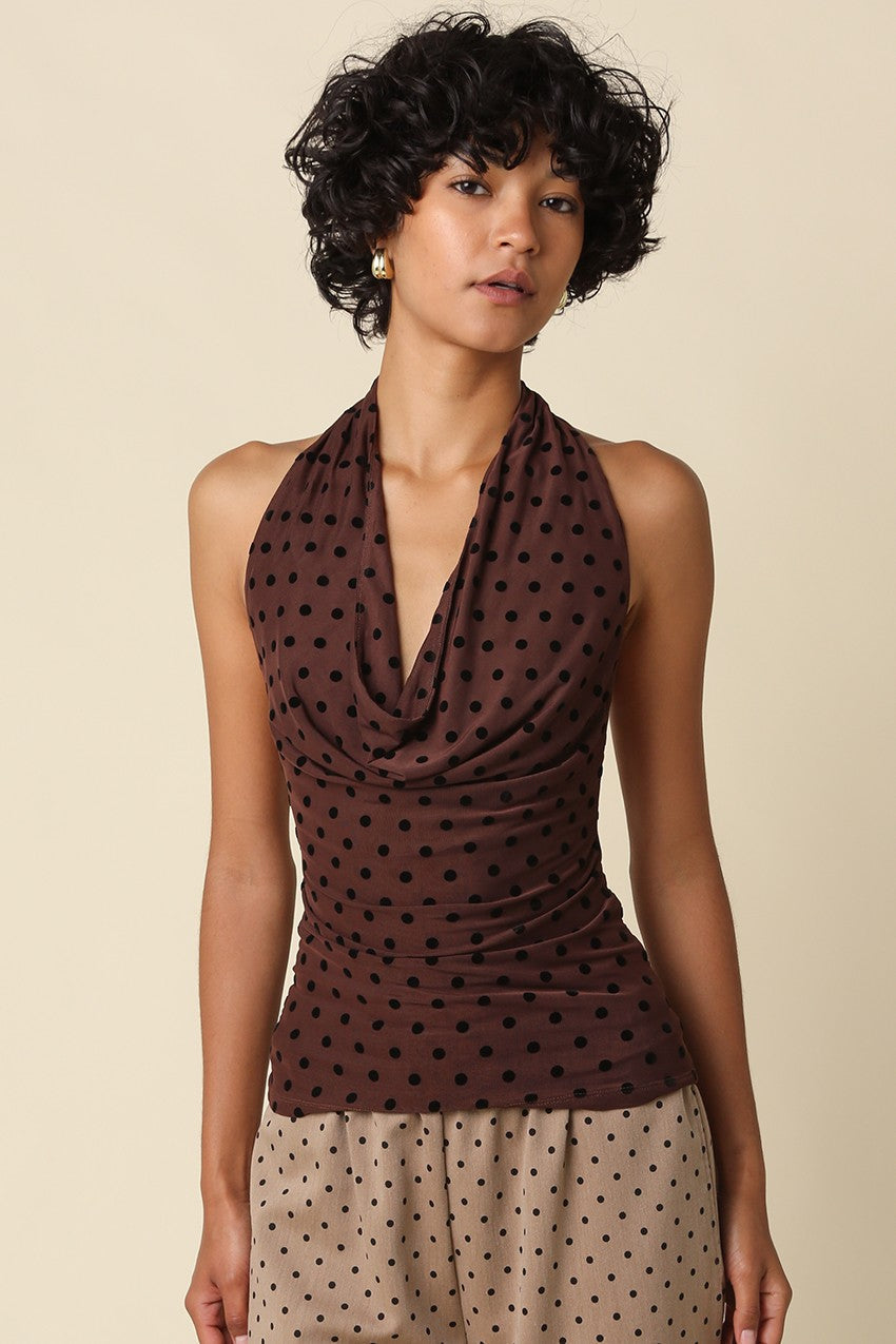 Waitlist 7/20 • Adeline Sleeveless Halter Open Back Polka Dot Print Top Brown