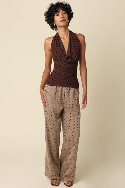 Waitlist 7/20 • Adeline Sleeveless Halter Open Back Polka Dot Print Top Brown
