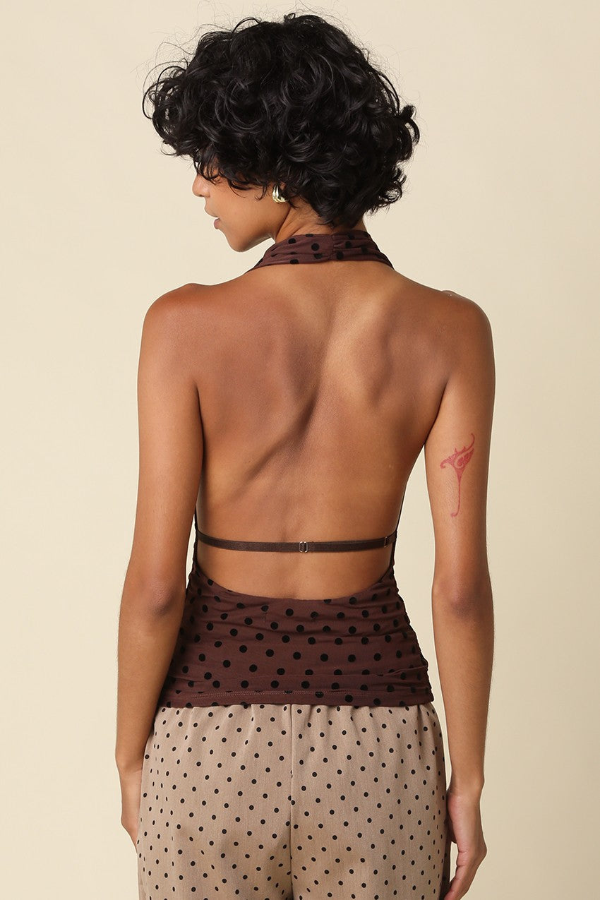 Waitlist 7/20 • Adeline Sleeveless Halter Open Back Polka Dot Print Top Brown