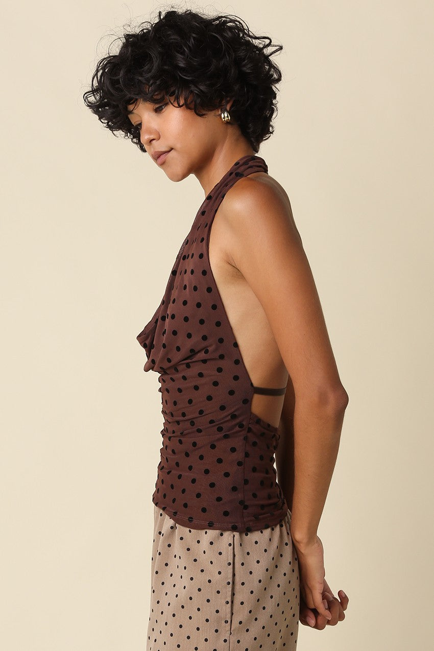 Waitlist 7/20 • Adeline Sleeveless Halter Open Back Polka Dot Print Top Brown