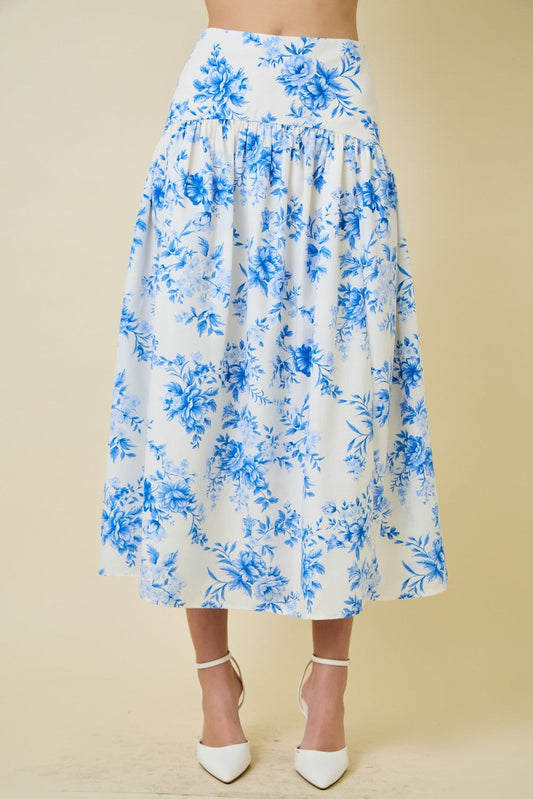 Thalia High Waist Floral Print Maxi Skirt Blue