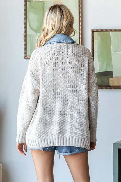 Waitlist 6/28 • Clarissa Long Sleeve Cable Knit Denim Trim One Size Shacket Cream