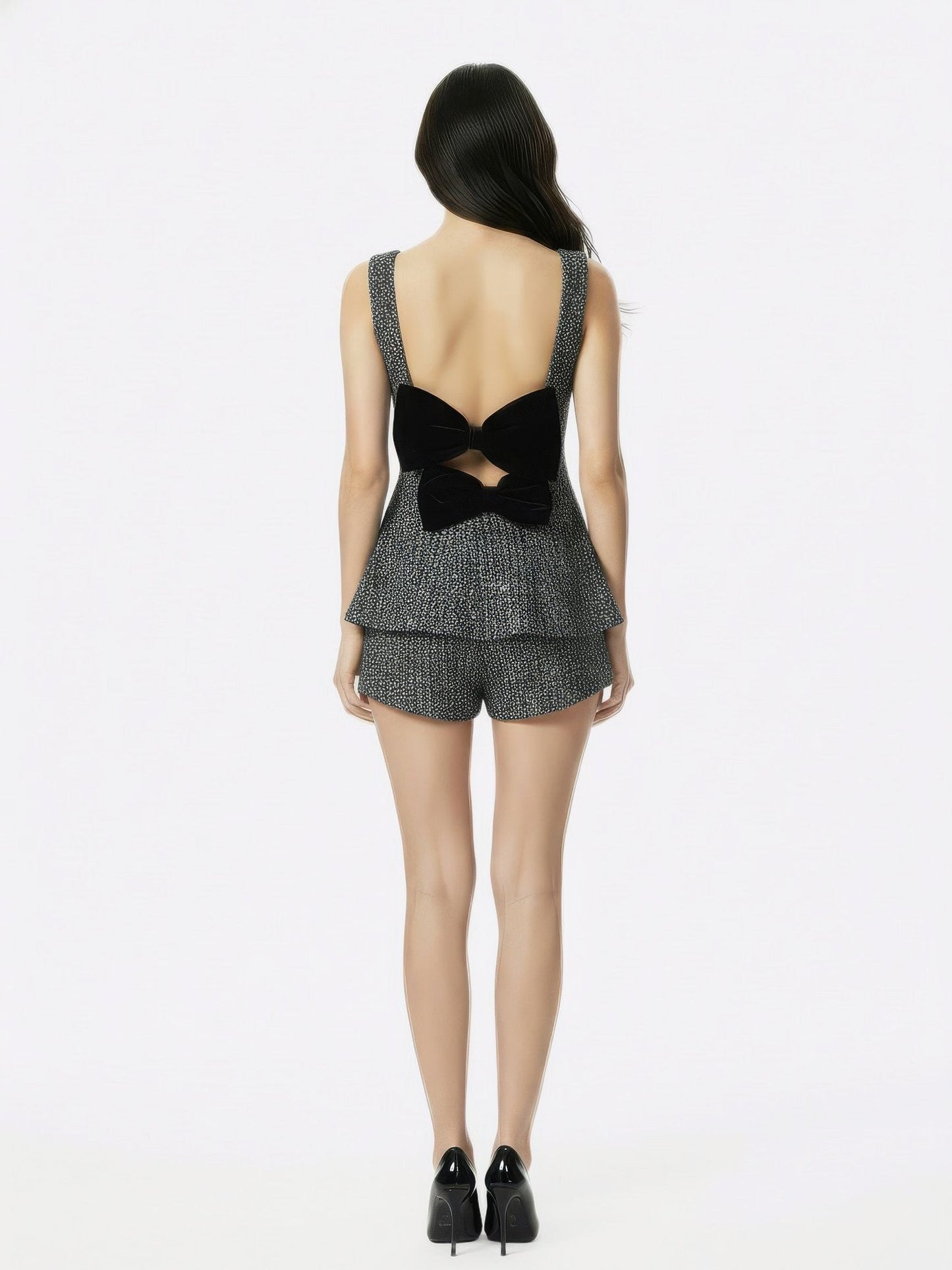 Annabella Textured Woven Black & Silver Bow Top
