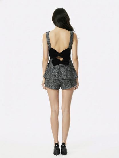 Annabella Textured Woven Black & Silver Bow Top