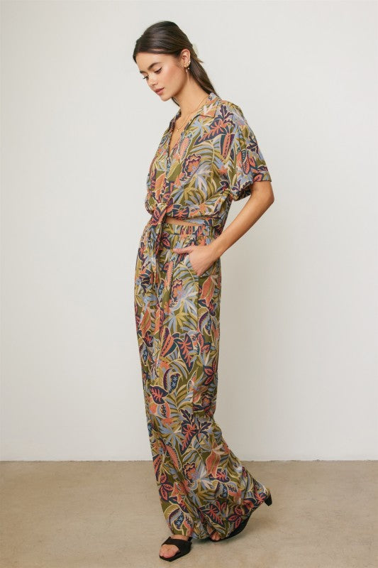 Elaine High Waist Wide Leg Tropical Print Pants Green