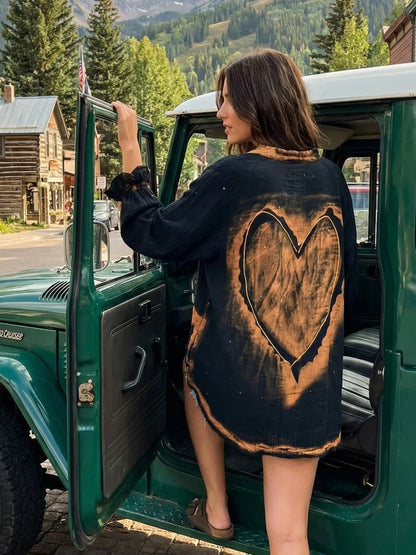 Laid Back Cotton Button Down Top - Black Heart
