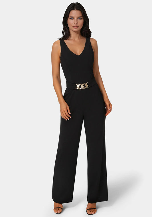 Scuba Crepe V-Neck Jumpsuit with Belt