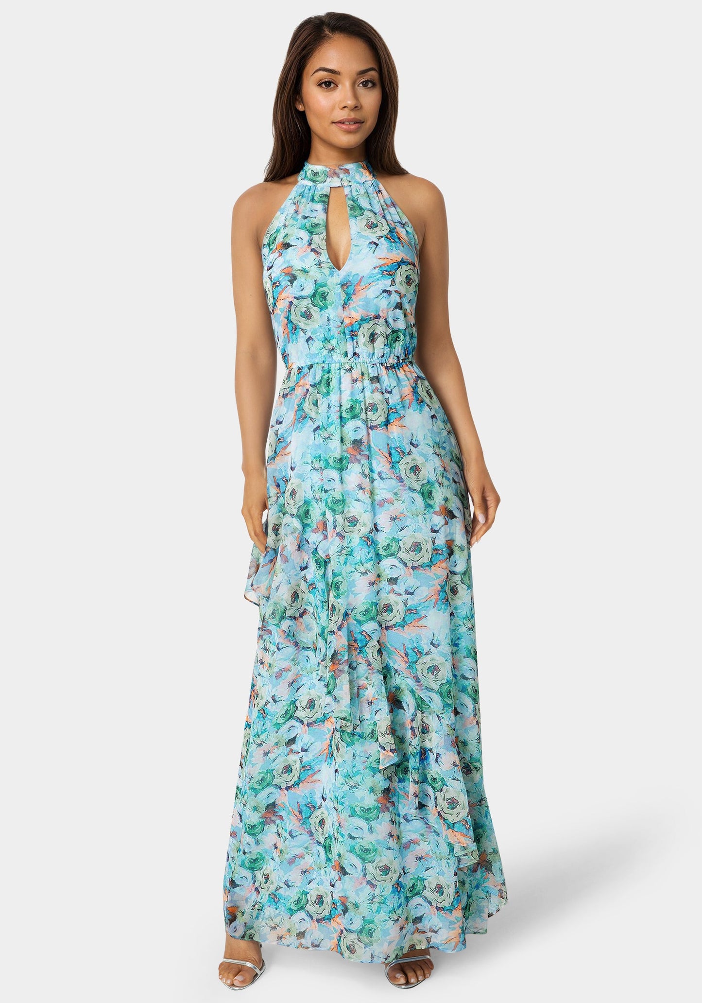 Printed Chiffon Halter Ruffle Dress