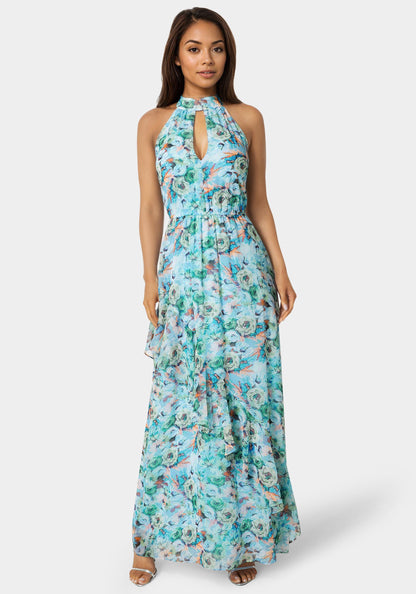 Printed Chiffon Halter Ruffle Dress