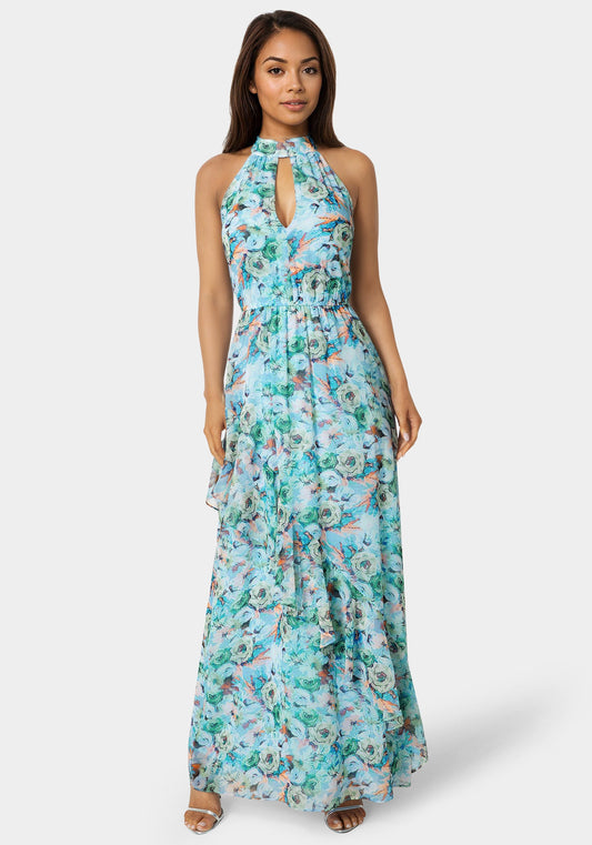 Printed Chiffon Halter Ruffle Dress