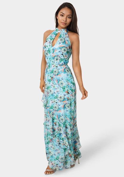 Printed Chiffon Halter Ruffle Dress